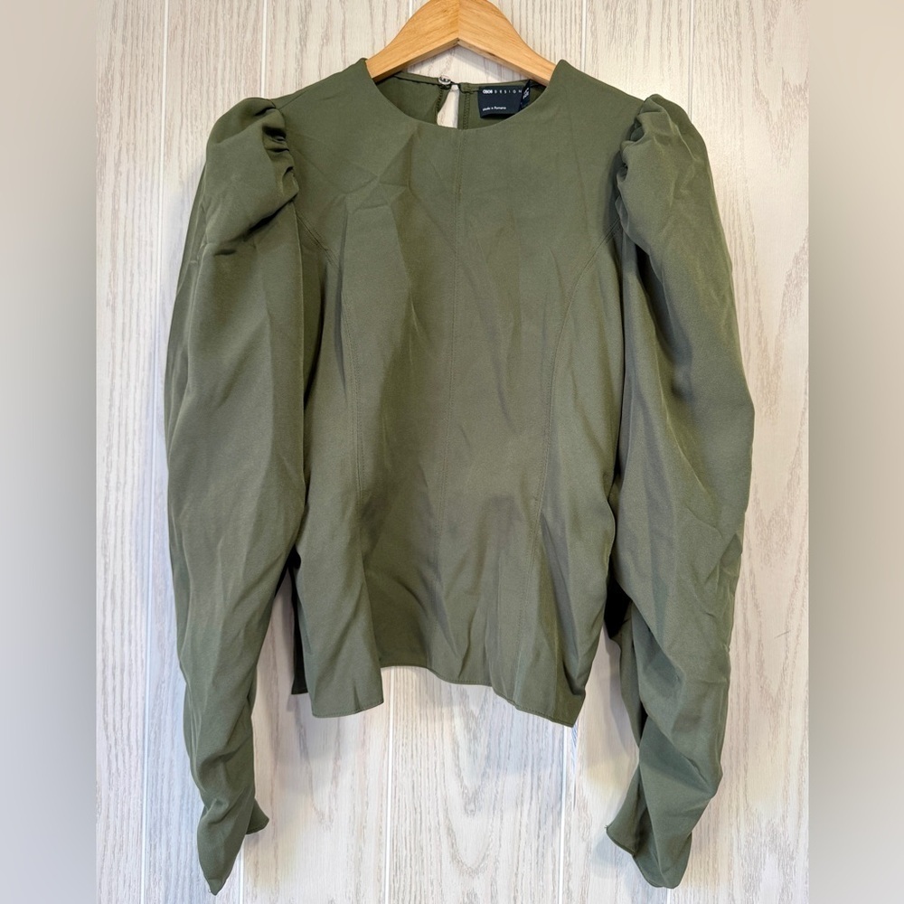 ASOS DESIGN Waisted Top with Volume Sleeve Detail in Khaki Size 8 NWT